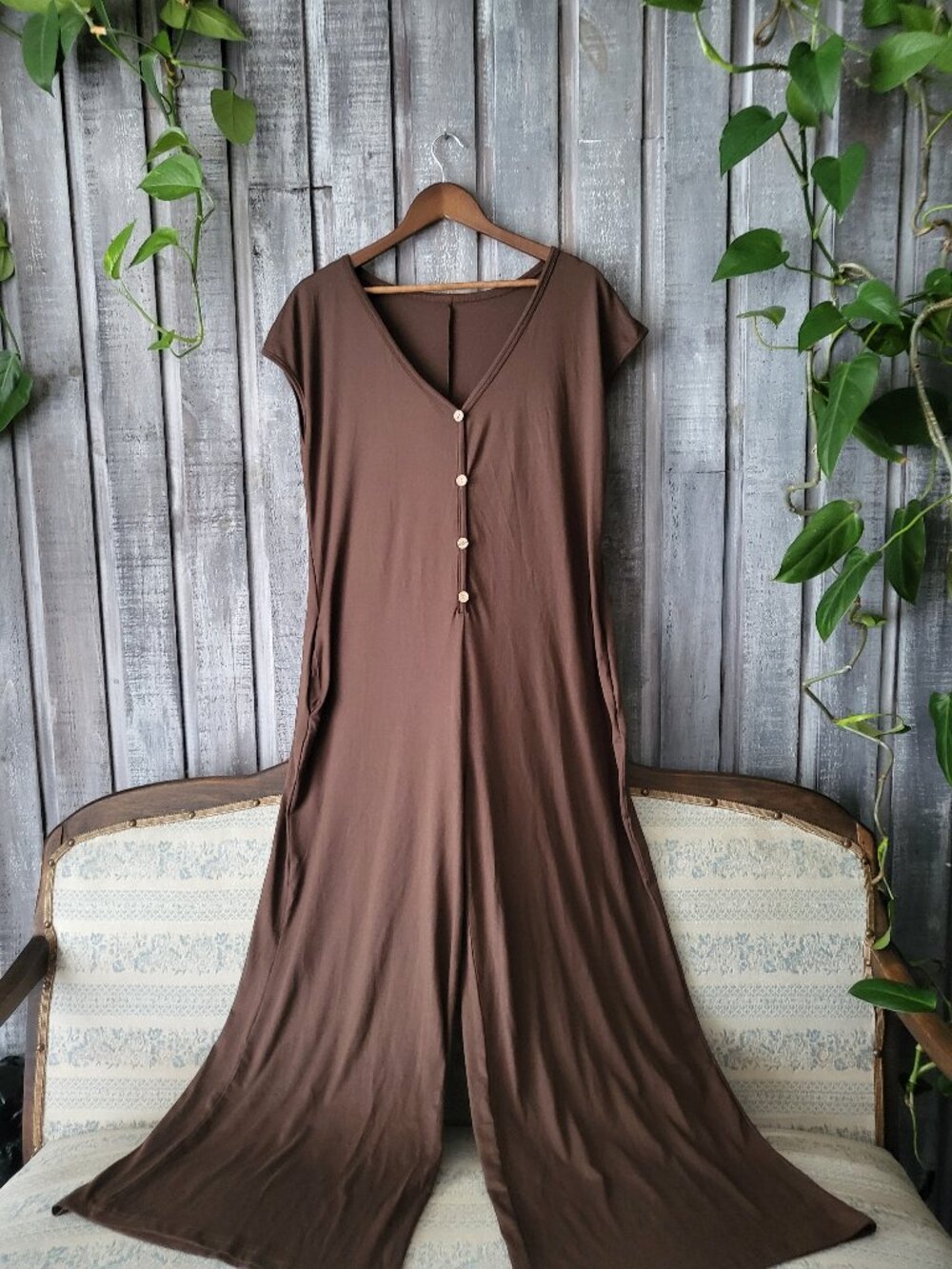 Brown Wide Leg Jumpsuit V-Neck Button Front Romper XL